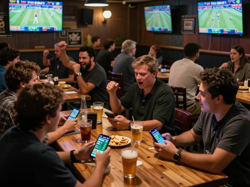 TR88 sports bettors enjoying live action games and mobile betting at a lively sports bar.