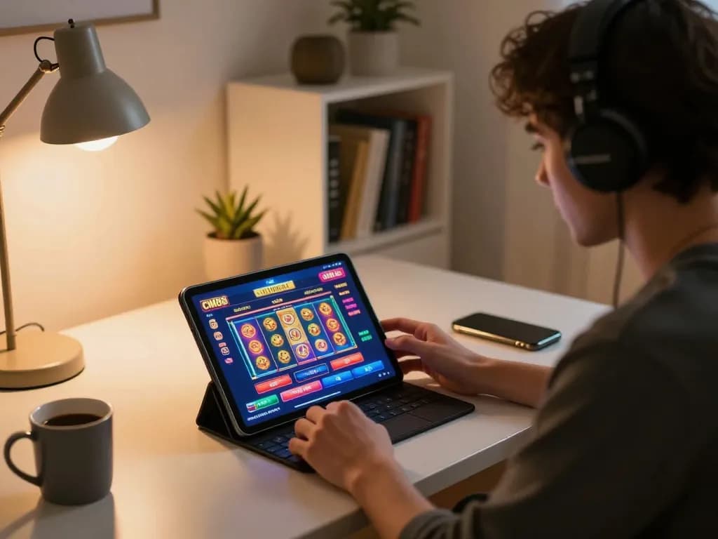 Engaged player enjoying CM88 online casino gaming on a tablet at home, showcasing a warm and inviting atmosphere