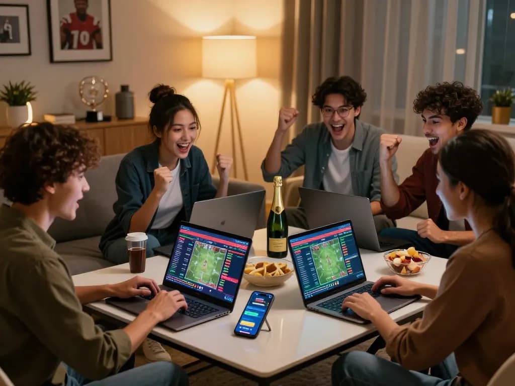 Friends enjoying an exciting sports betting experience with SC88 in a lively living room.