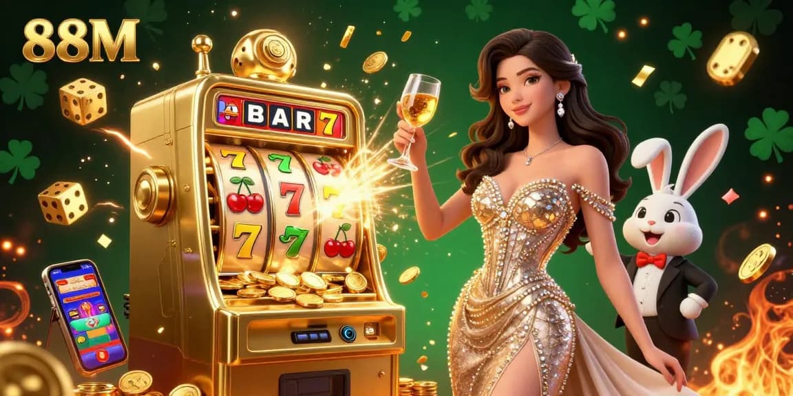Engage with the vibrant casino scene showcasing 88M, featuring a glamorous woman, jackpot slot, and dynamic gold elements.