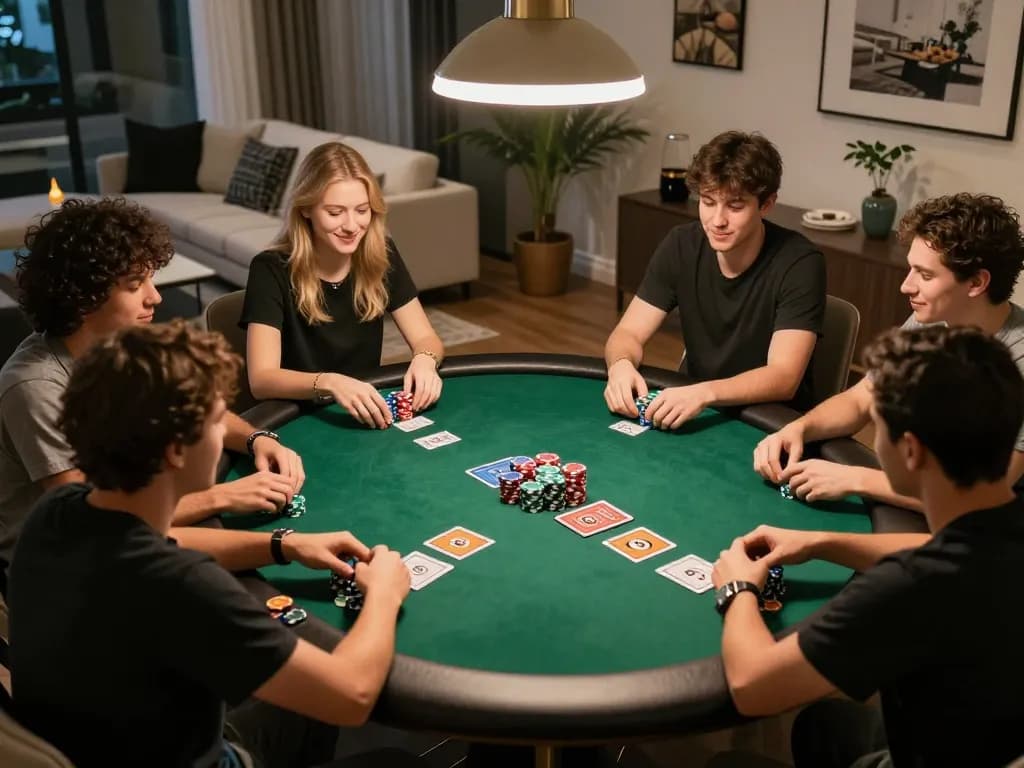 Friends play intense Texas Hold'em poker at home while engaging with HM88 gaming strategy.
