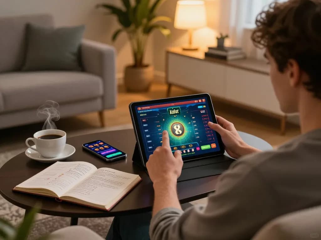 Engaged user playing kdslot on a tablet in a cozy living room setting, highlighting responsible gaming practices.
