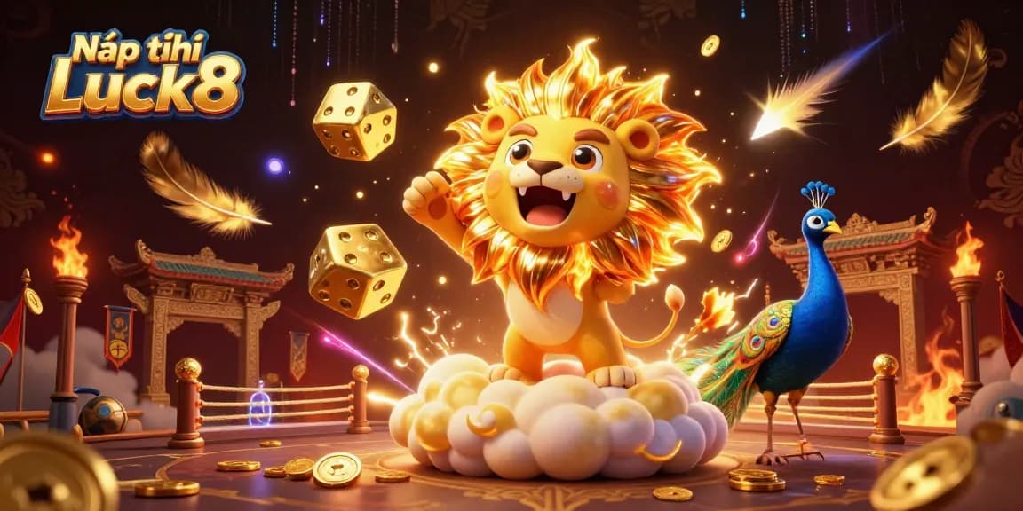 Nạp tiền Luck8 with vibrant casino elements and an energetic atmosphere featuring a 3D sun lion and golden dice.