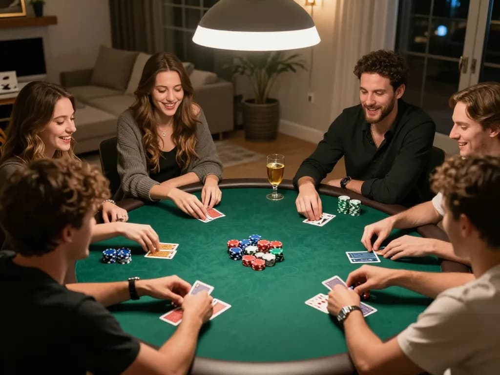 Friends enjoy an engaging poker night while utilizing m104 strategy tips for better gameplay.