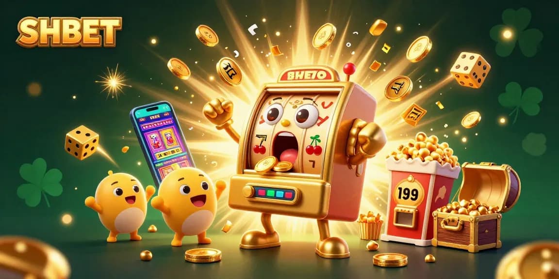 SHBET engages players with a thrilling jackpot scene featuring celebrating slot machines and golden coins.