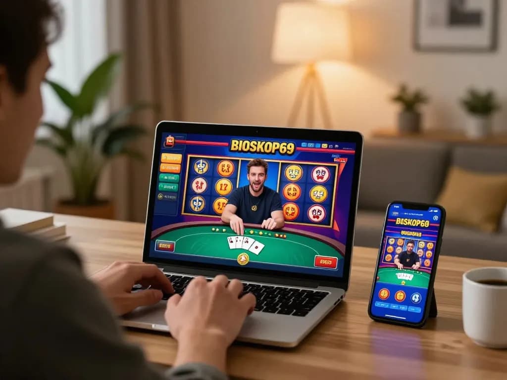 Pemain terlibat dengan slot BIOSKOP69 di laptop dalam lingkungan rumah yang nyaman