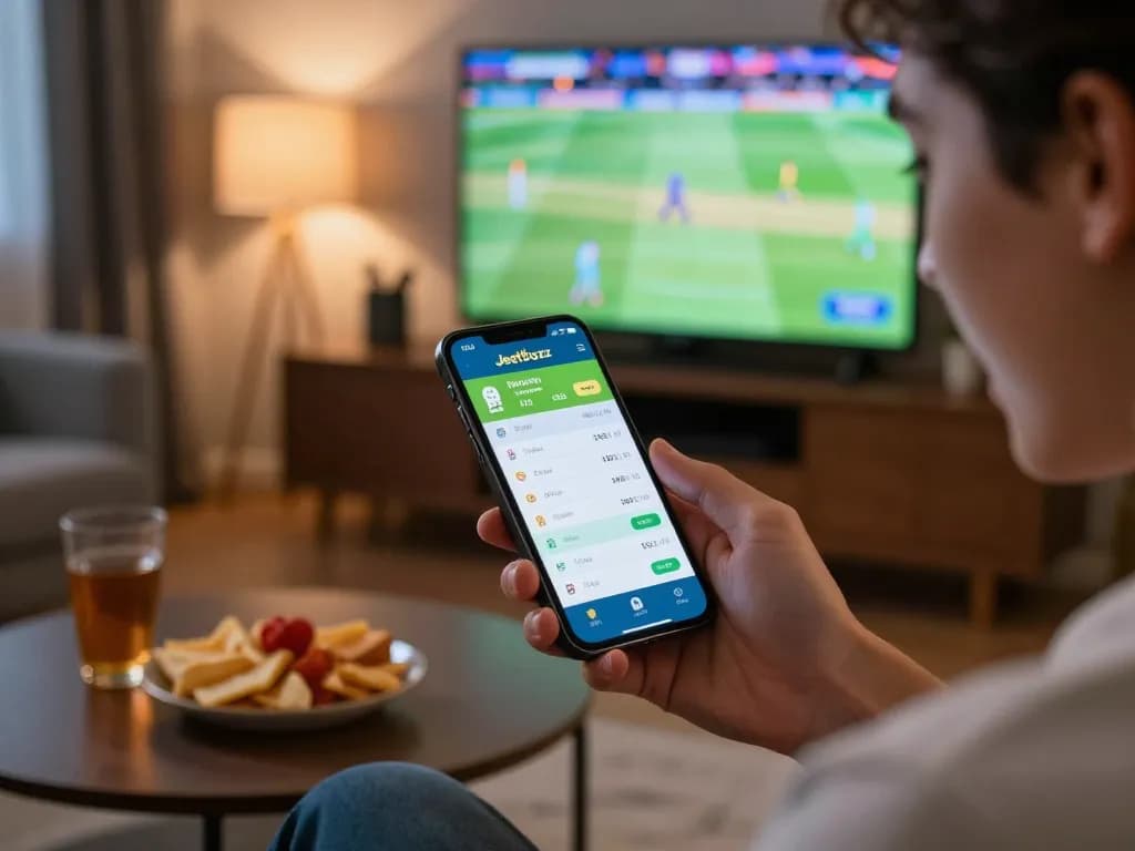 Excited user placing a bet on the Jeetbuzz app while watching sports live, showcasing a strategic betting moment.