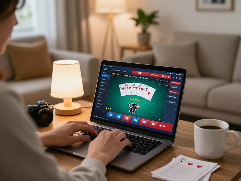 GO8 player engaging in online casino poker game on laptop in cozy home setting