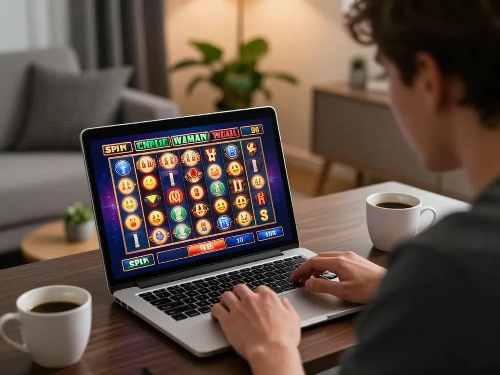 Engaged player enjoying Canada online casinos experience on laptop with vibrant slot graphics.