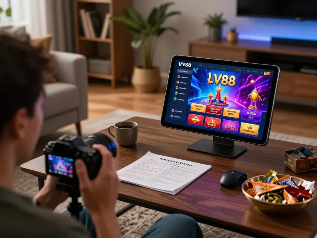 Player engaging with the LV88 casino app on a tablet, showcasing an inviting home gaming environment