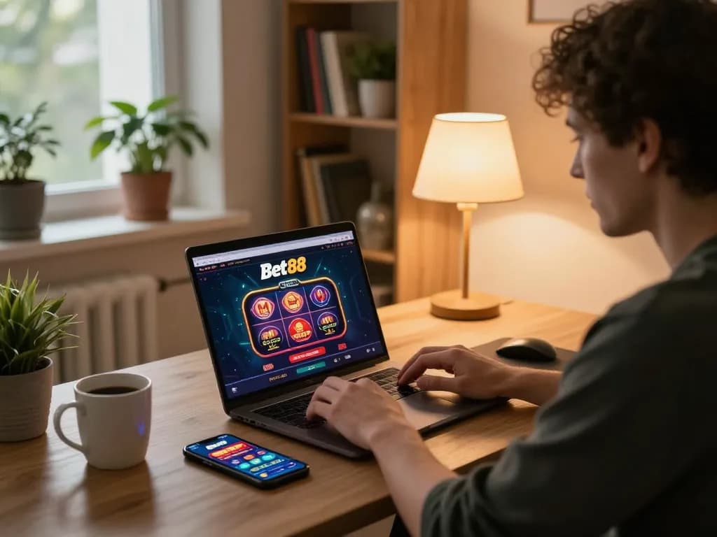 Person engaging with Bet88 online casino on a laptop, enjoying a cozy gaming experience at home.