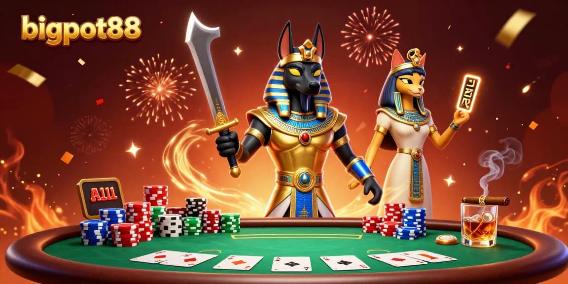 Experience bigpot88 with Anubis and Bastet amidst poker excitement and vibrant confetti.