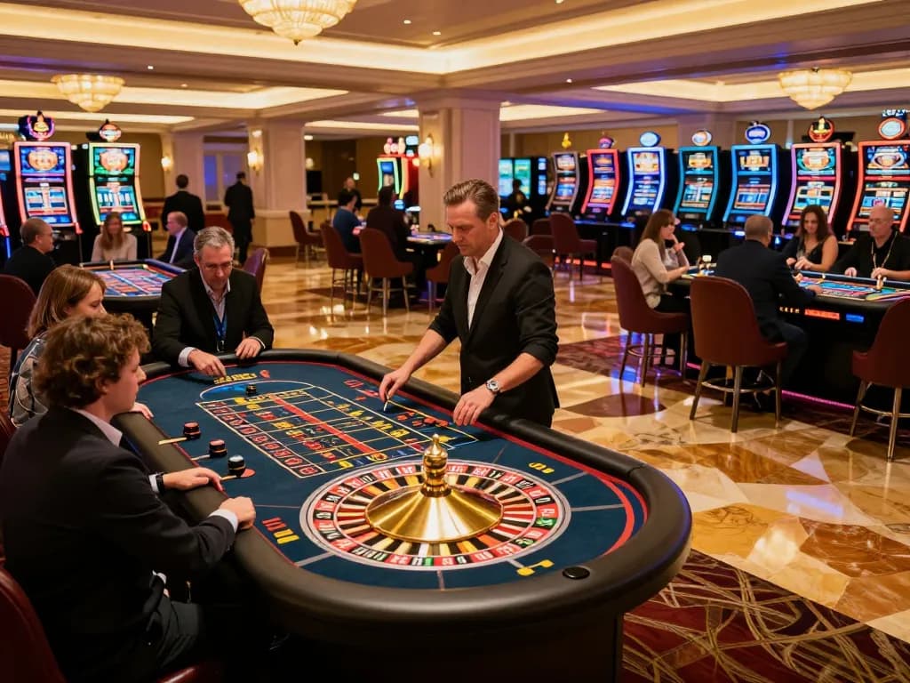 Hay88 casino patrons engaging at a roulette table, highlighting strategic gameplay in an upscale environment.