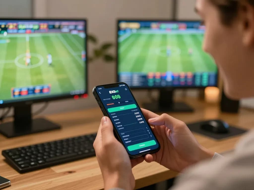 Placing a bet on 8xbet through a smartphone in a stylish home office setting.