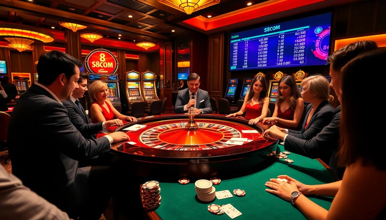 Players enjoying a thrilling roulette game at a luxurious casino with s8com branding.