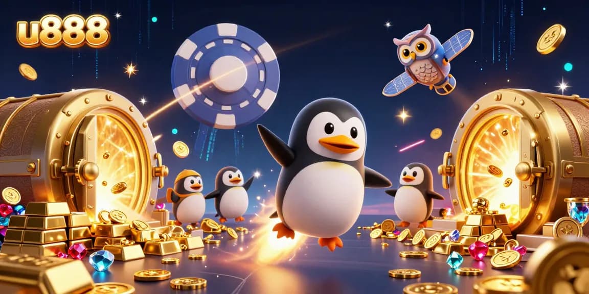 Experience thrilling adventures with u888 as a golden penguin blasts off through a cosmic casino