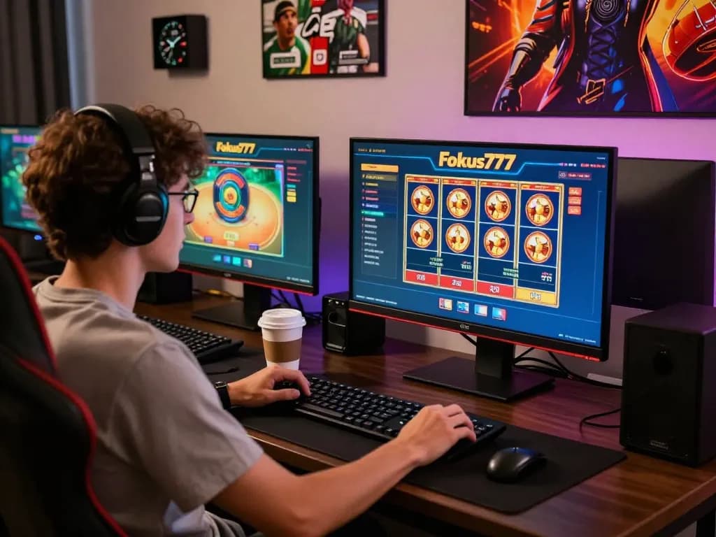 Play slots and poker at Fokus777 online casino with an engaging home gaming setup.