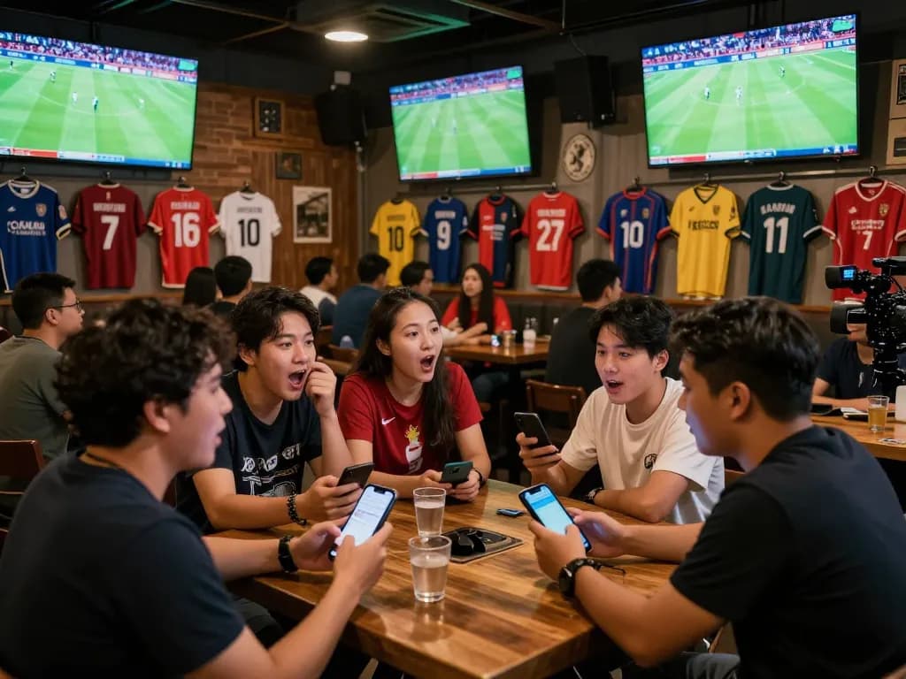 Fans engaged in soi kèo bóng đá at a lively sports bar, discussing strategies while watching the match.