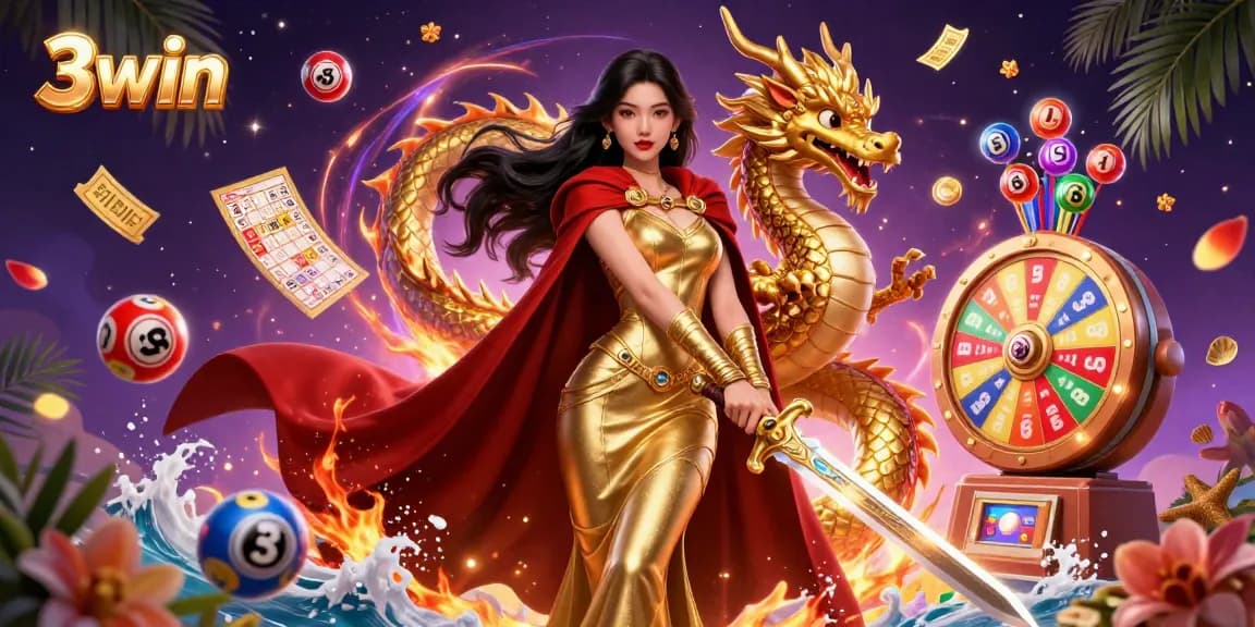 Join 3win in a dazzling casino adventure with vibrant elements and a warrior queen leading the way.