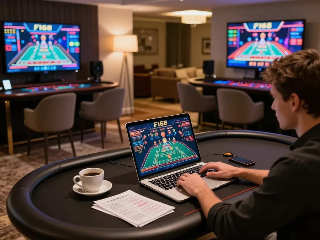 Engaging in live dealer games at F168 online casino with a laptop and cozy atmosphere.