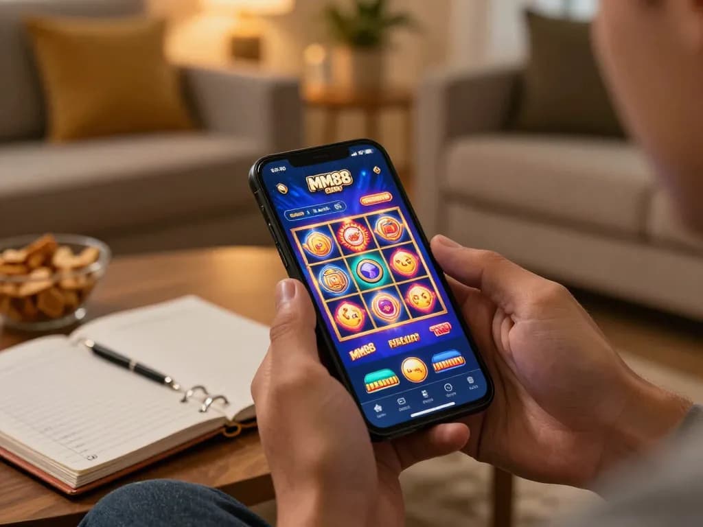 Engaging gameplay on MM88 com app featuring vibrant slots, interactive mobile casino gaming at home