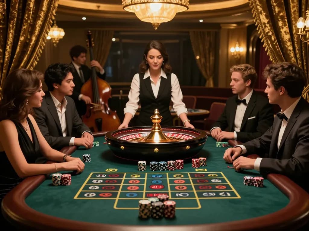 Casino players eagerly betting on a live roulette table with a spinning wheel in an elegant setting.