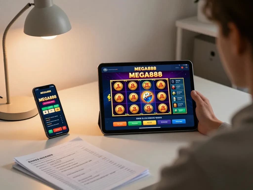 Player enjoying MEGA888 app on tablet in home office, showcasing engaging slot game interface