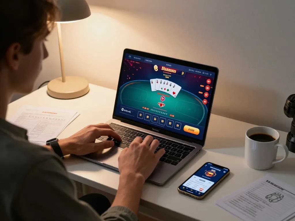 Player engaging in an online MM 99 poker game at a stylish home desk with vibrant interface.