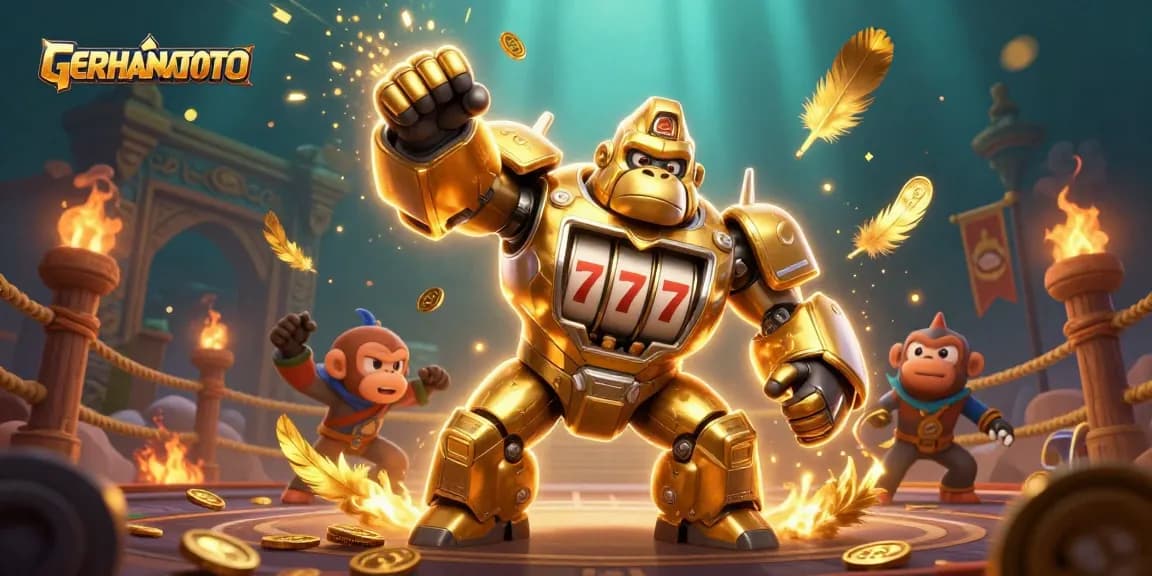 GERHANATOTO menunjukkan gorilla emas transformer dalam pertarungan kasino dengan elemen lotere dan mesin slot.
