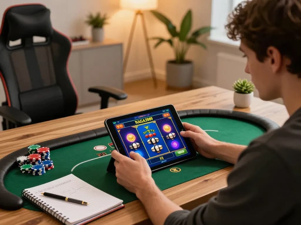 NAGA2000 player engaging in slot gameplay on tablet in a cozy home environment, showcasing strategic gameplay.