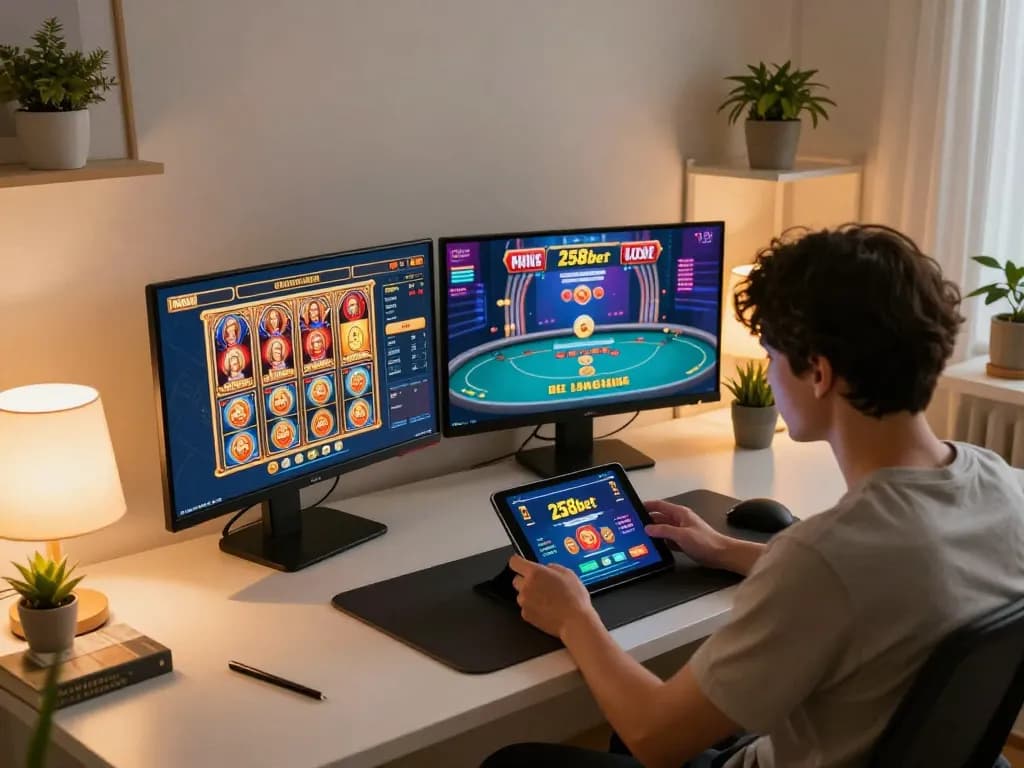 Engaging session on 258bet casino app on a tablet, showcasing thrilling online gambling experience at home.