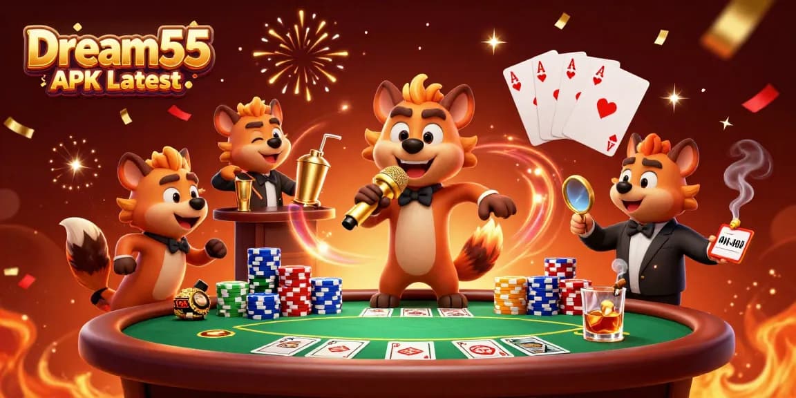 Engaging illustration of Dream55 APK Latest featuring hyena comedic casino scene with vibrant gambling elements.