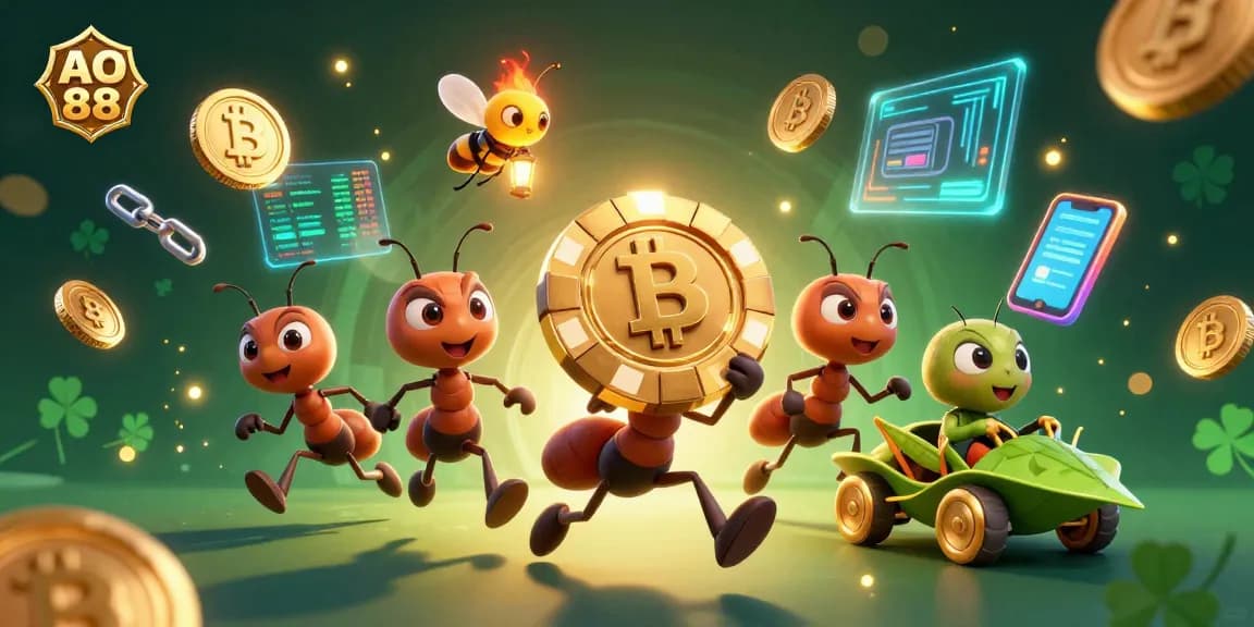 Engage with AO 88's dynamic heist scene featuring ants and crypto elements for a thrilling gaming experience.