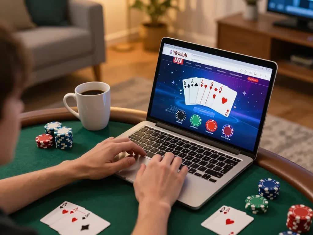 Playing poker on the 789club online casino platform from a cozy home setup.