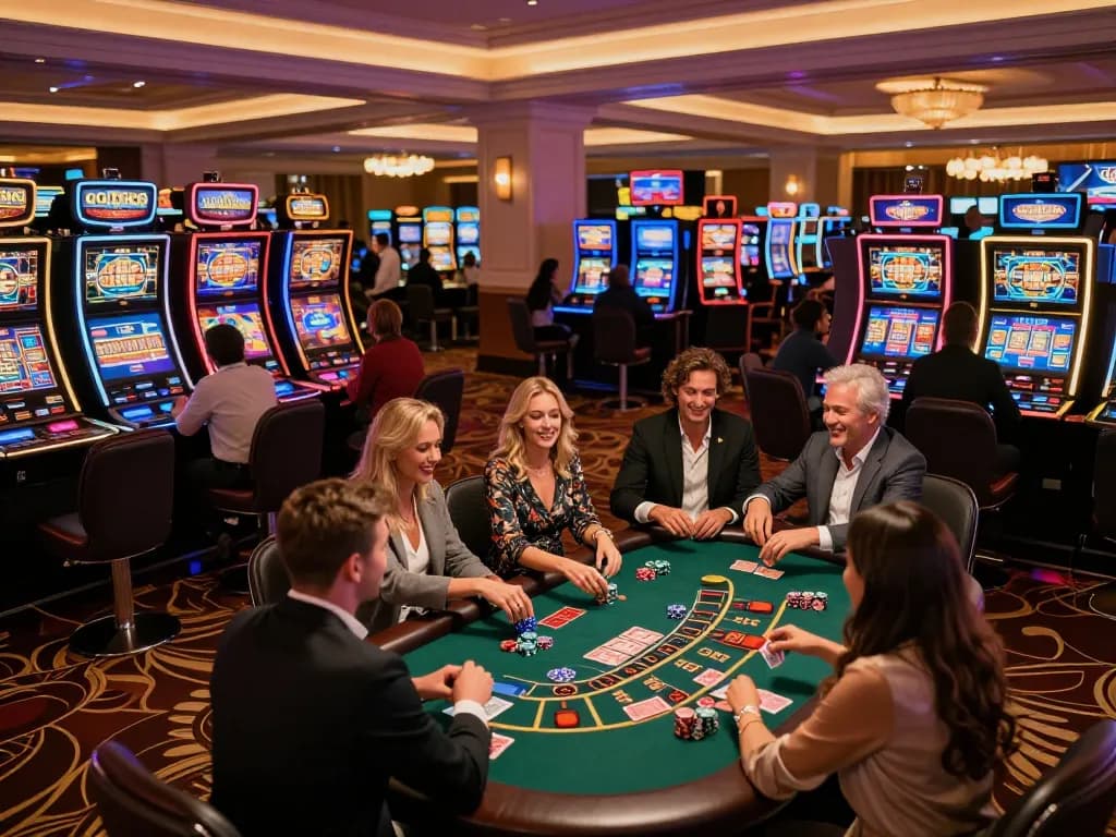 Players celebrating a win at Sunwin's vibrant casino, showcasing excitement and luxury atmosphere.