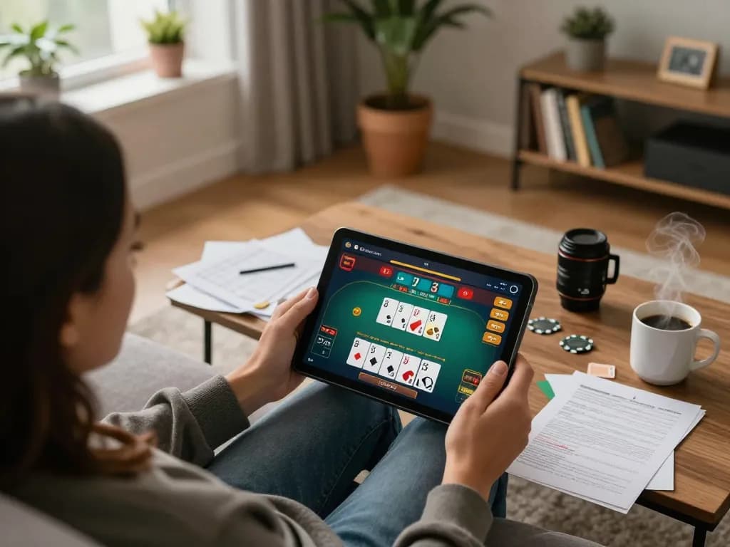 Engaging in online casino strategies at home with goal123.ac on the tablet screen.
