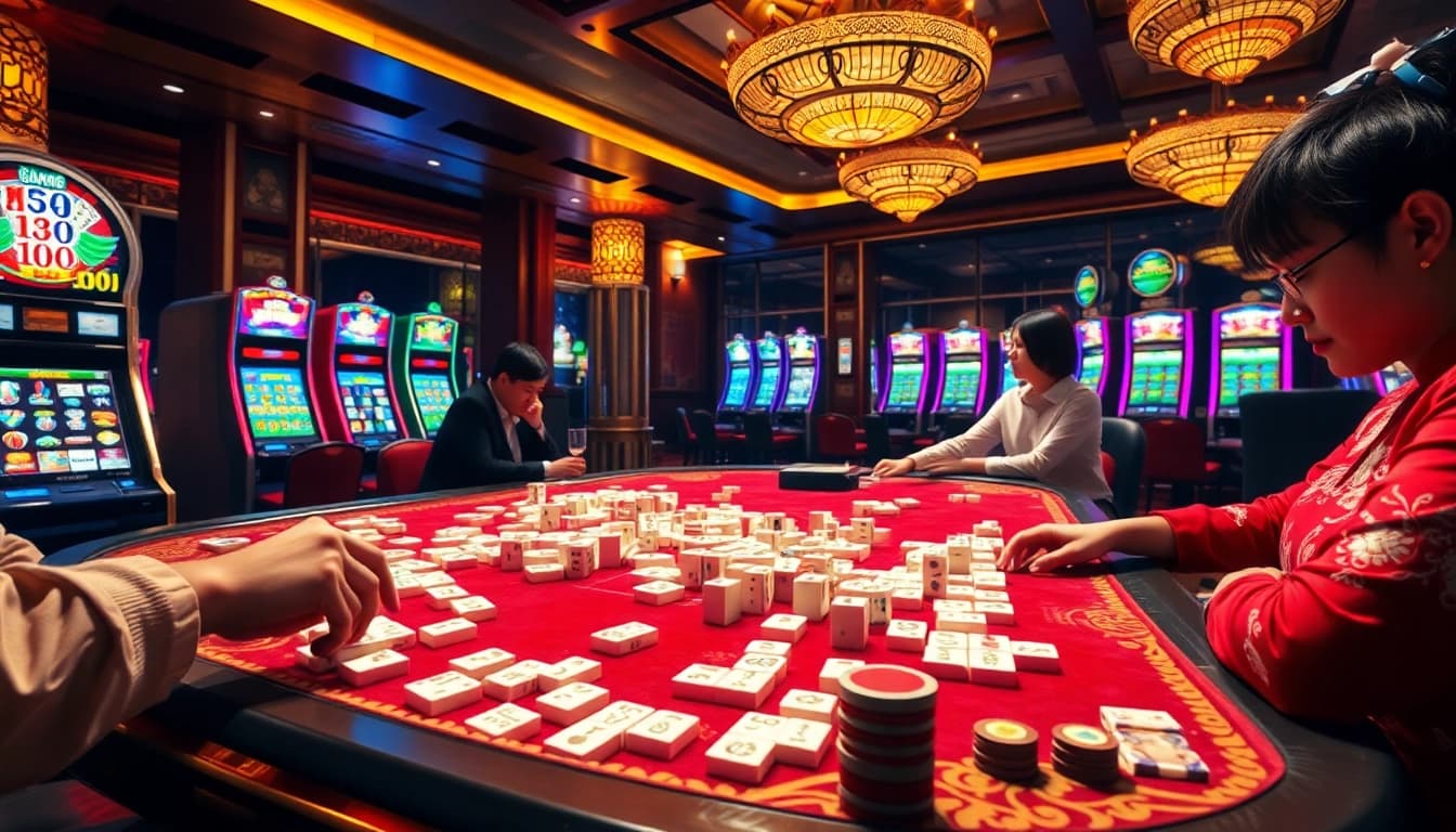 Experience Mahjong Ways 2 action with players enjoying large jackpots at a vibrant casino table.