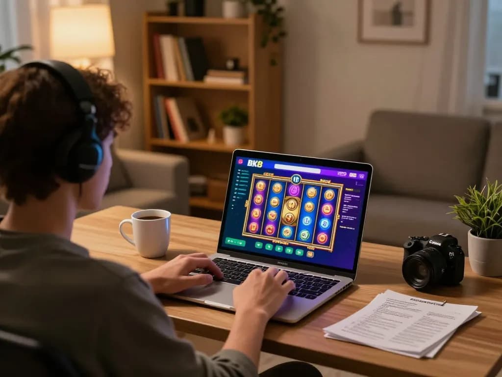 Player engaging with BK8 online slots on a laptop in cozy home office setting, illustrating responsible gaming.