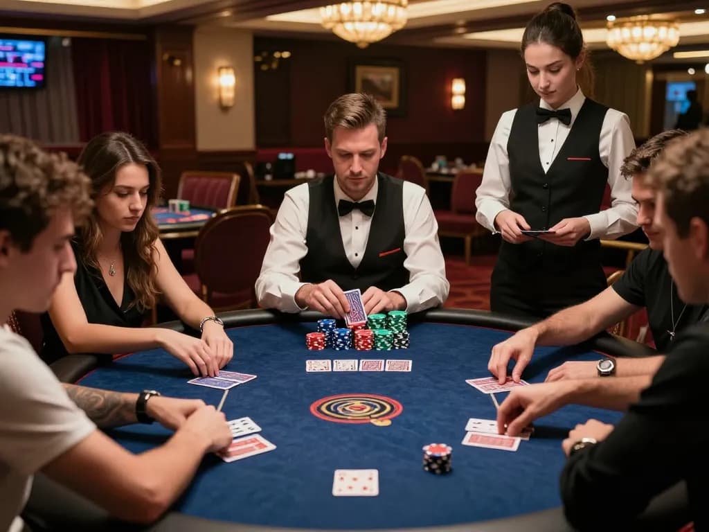 Players engaged in a thrilling poker game at an upscale casino, showcasing strategic gameplay and excitement in 68win.