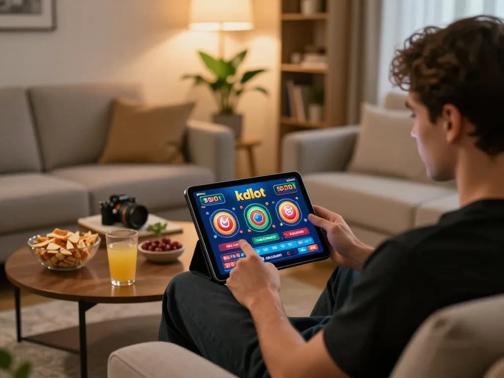 A player engaging with kdslot gaming interface on a tablet during a relaxed home gaming session.