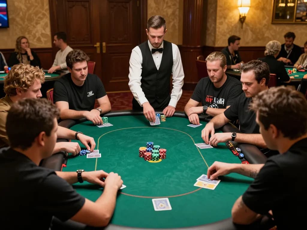 Open888 players strategizing in a high-stakes poker tournament, vibrant casino atmosphere.