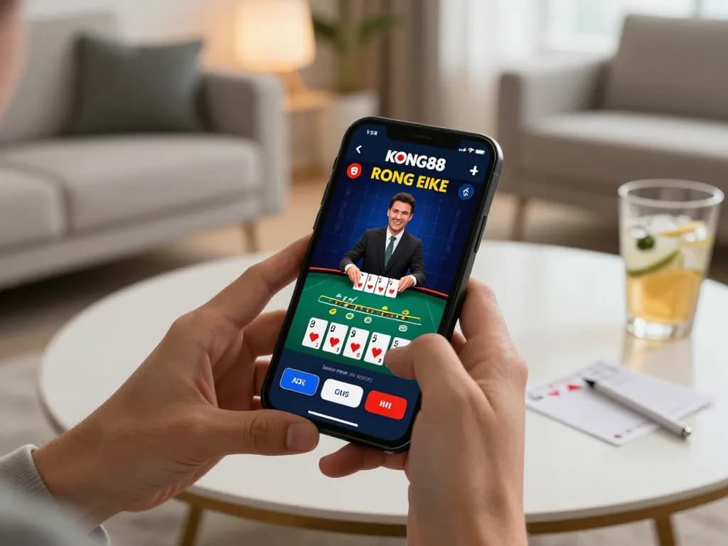 KONG88 player engaging in thrilling online casino gaming on smartphone, showcasing live blackjack.