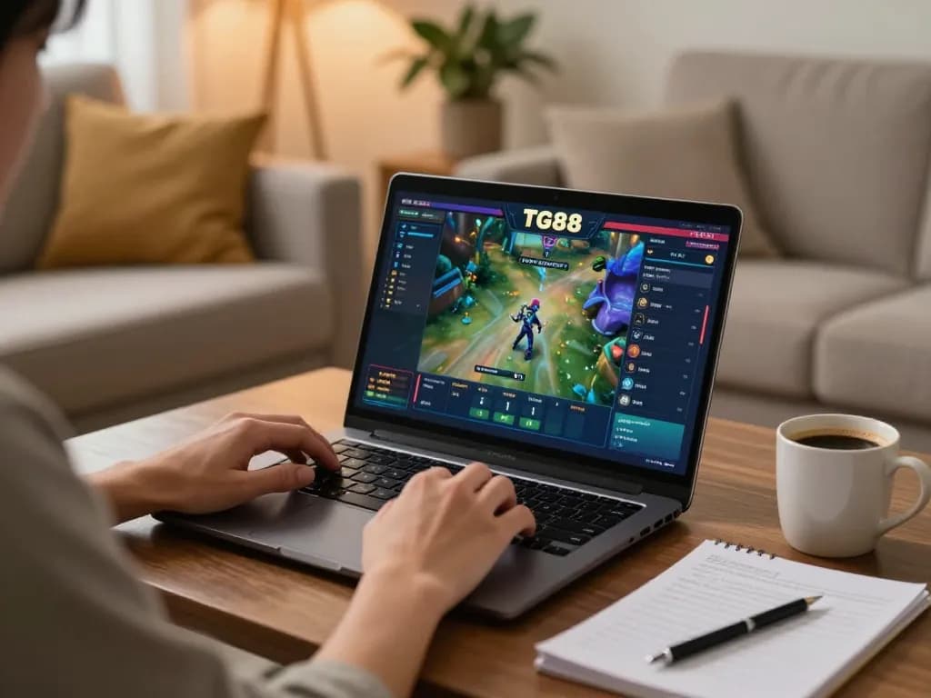 Player enjoying a TG88 game on a laptop, with engaging graphics and strategic notes, in a cozy home setting