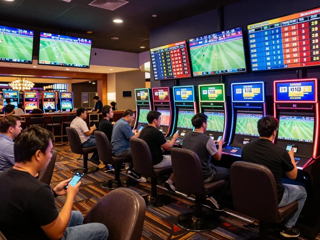 Exciting scene of fans engaging in cược thể thao while analyzing odds at a busy casino sports betting area