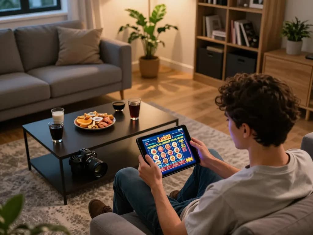 Engaging in luck88 online slots on a tablet from a cozy home setup.