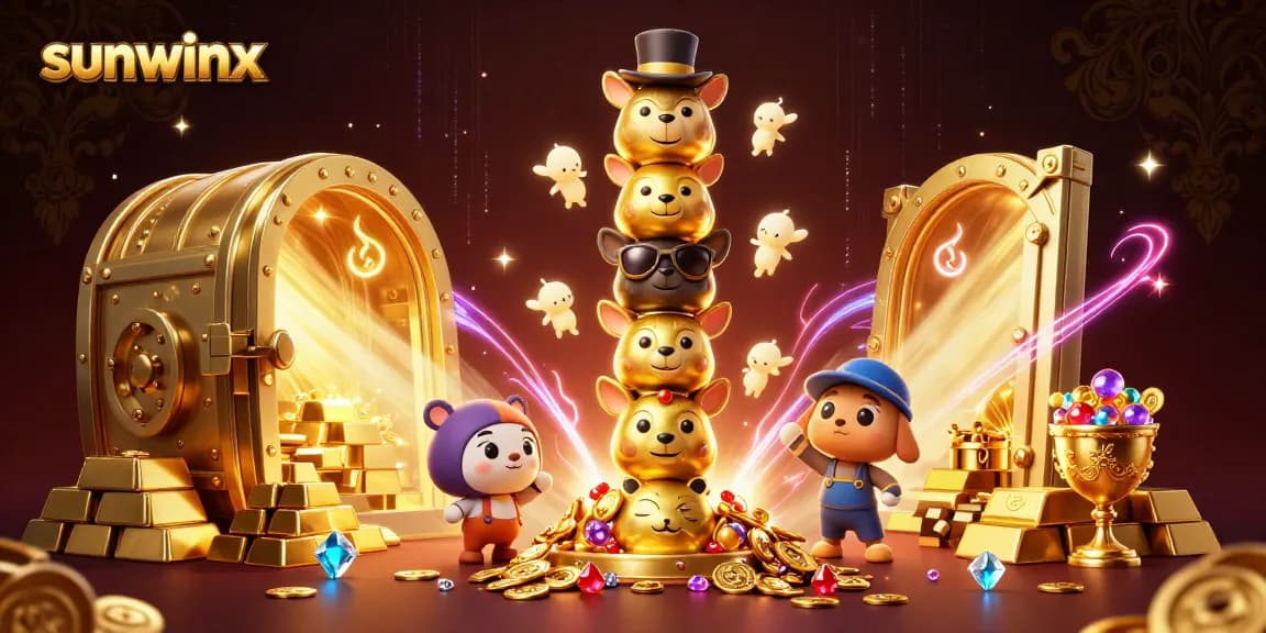 Engage with sunwinx's vibrant 3D casino scene filled with gold treasures and animated characters.