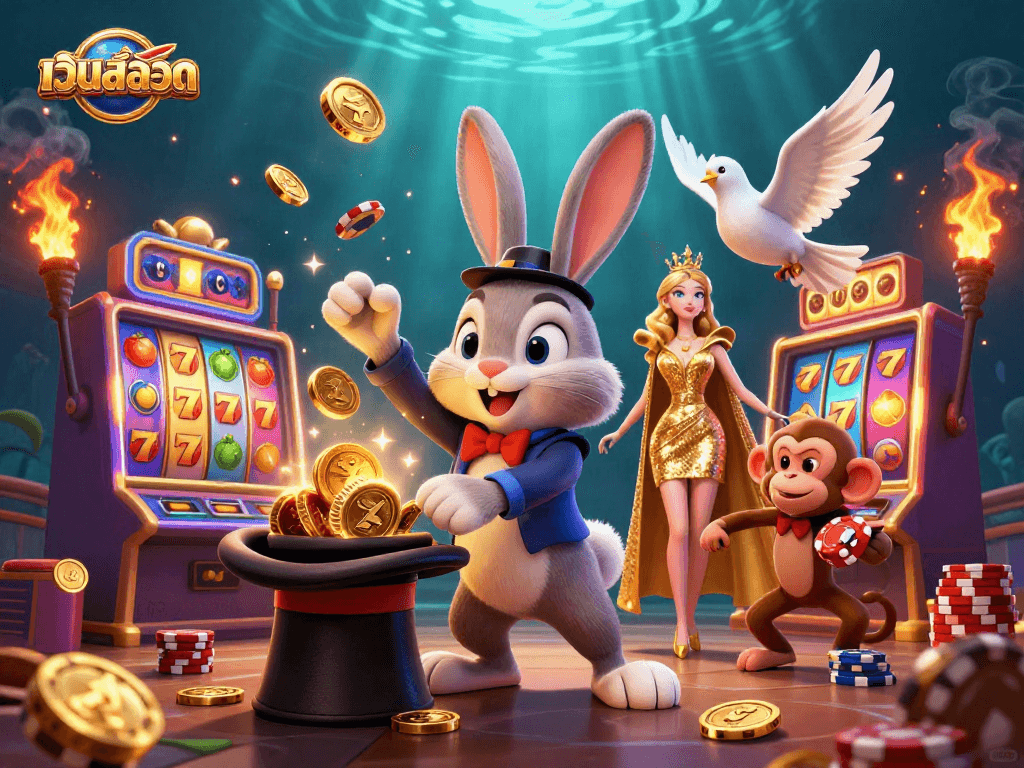 Spin the reels for fun and fortune with เว็บสล็อต in a vibrant 3D casino scene.