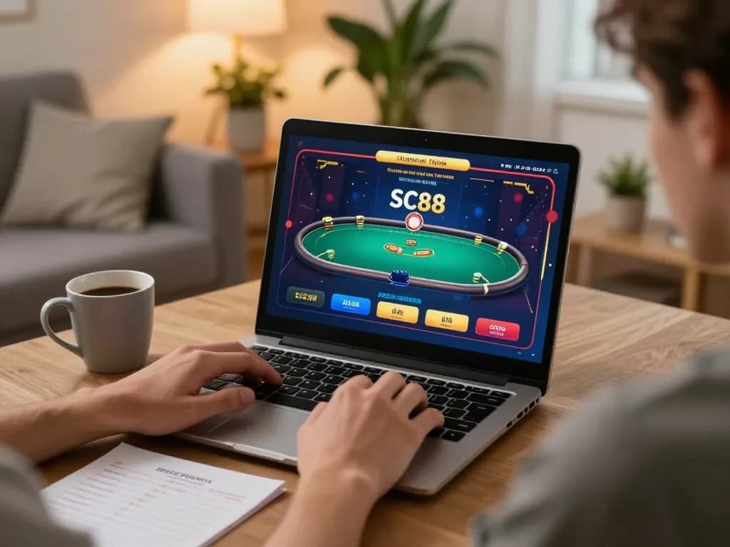 Player engaging with SC88 online gambling platform in a cozy home setting, emphasizing strategic gameplay