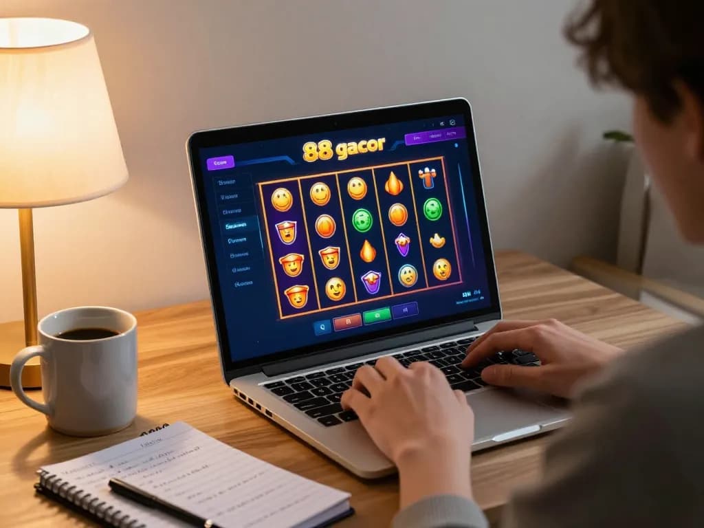 Engaging with slot88 gacor online, a person strategizes wins from home gaming setup.