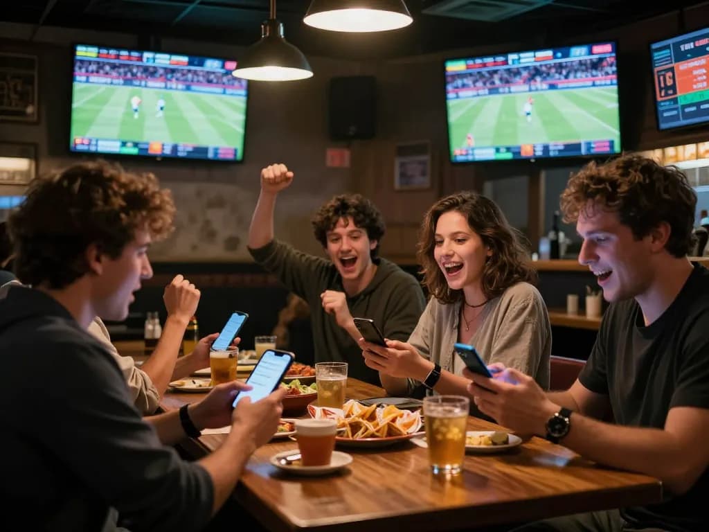 Cược thể thao excitement captured as friends cheer while placing bets on their devices in a vibrant sports bar.